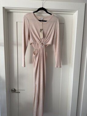 ACOA Cream Ribbed Knit Cutout Maxi Dress, Tortoise O-Ring, Long Sleeve, L, NWT